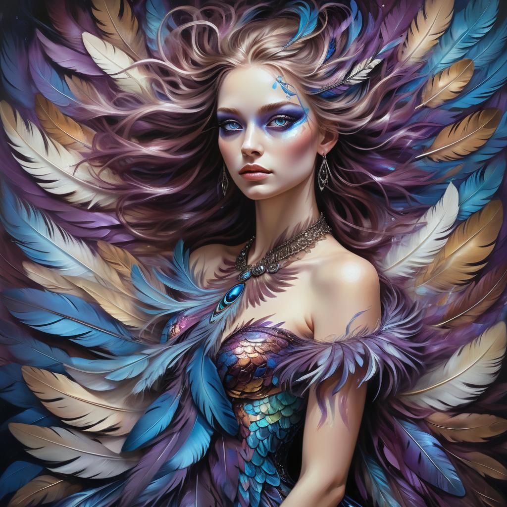 Goddess-like Bird-Girl Portrait in Oil Painting Style