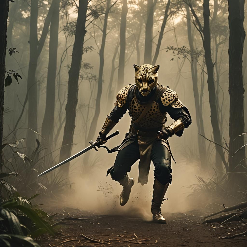 Swordsman with Cheetah Mask in Misty Forest