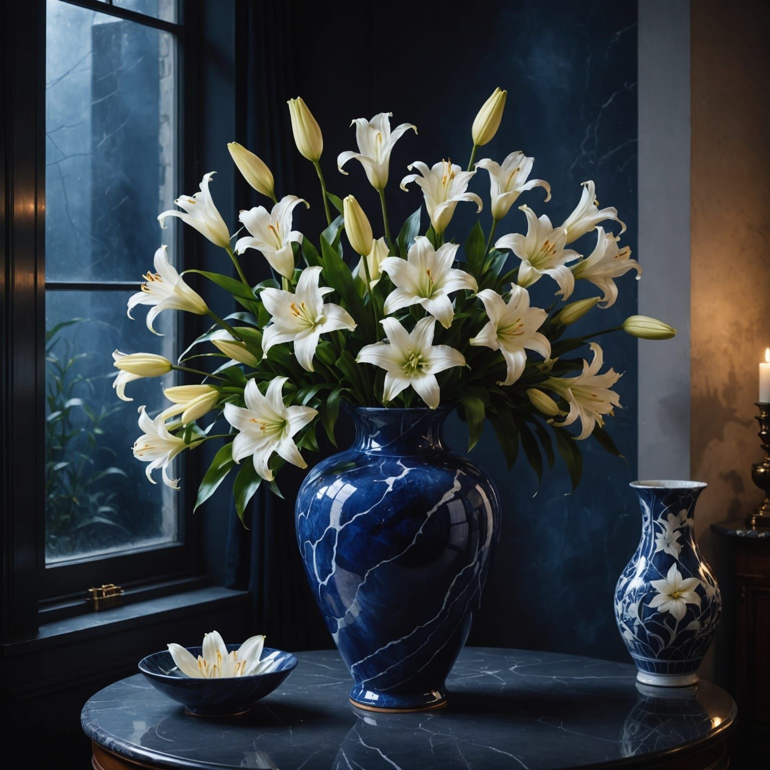 Blue Sodalite Vase with White Lilies in Moonlight