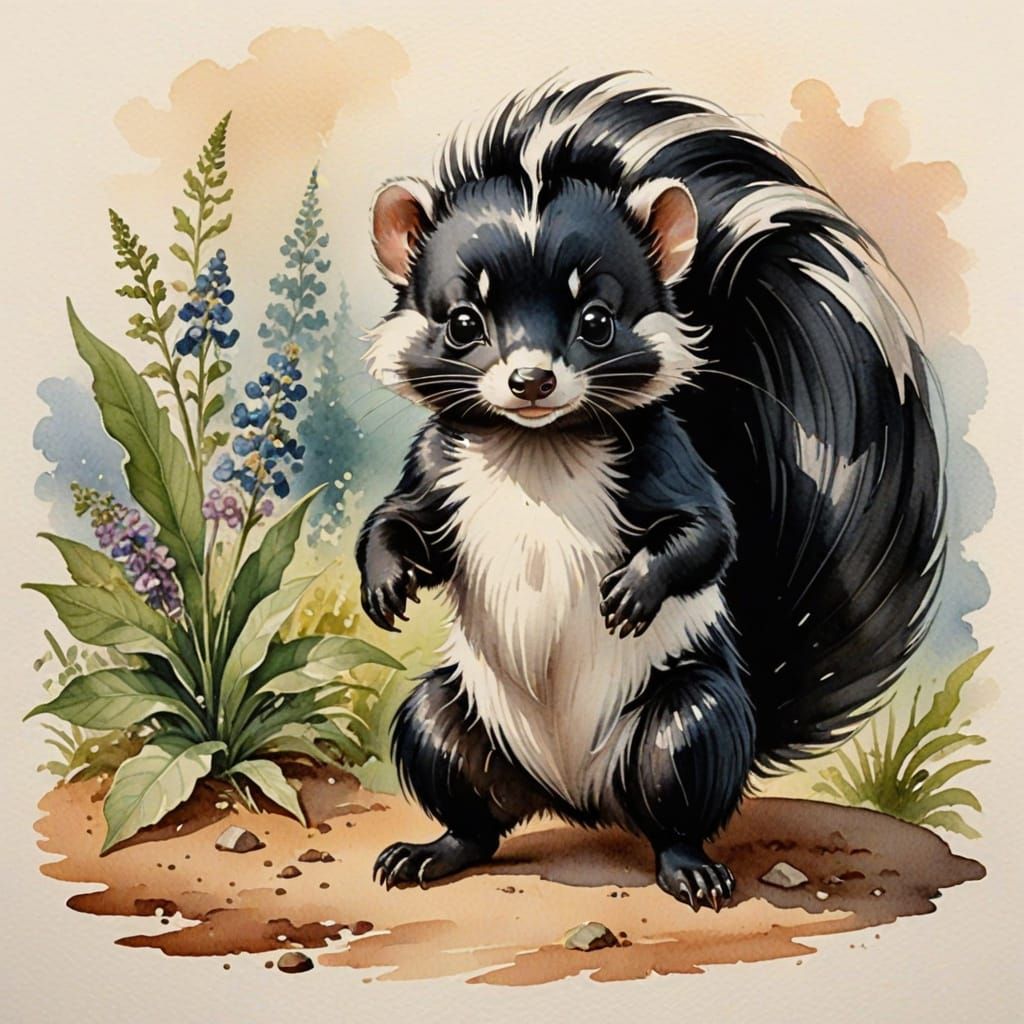Vintage Cartoon Skunk in Romantic Watercolor Style