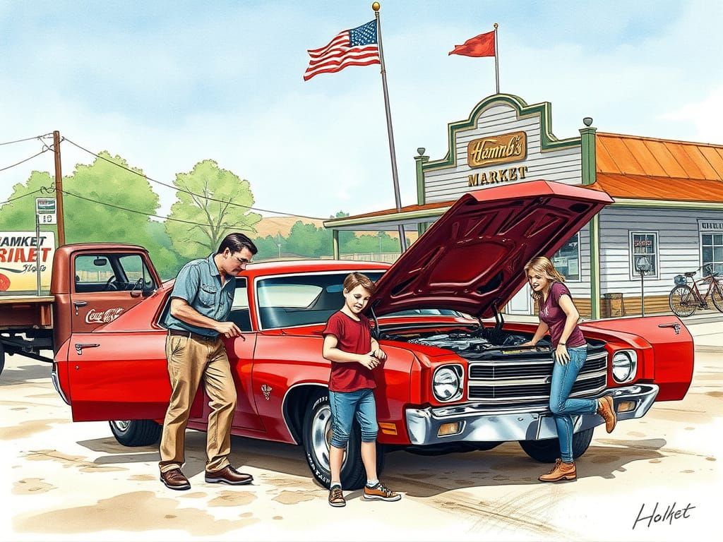 Nostalgic Muscle Car Scene in Watercolor Style