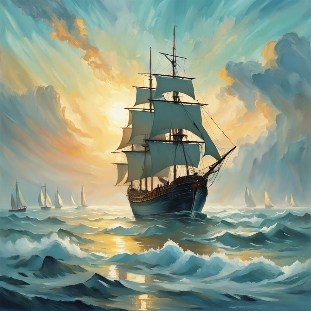 Sailing Ship Cuts Through Tranquil Dawn Sea in Impressionist...