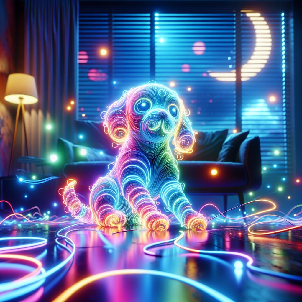 Luminescent Neon Puppy in Living Room
