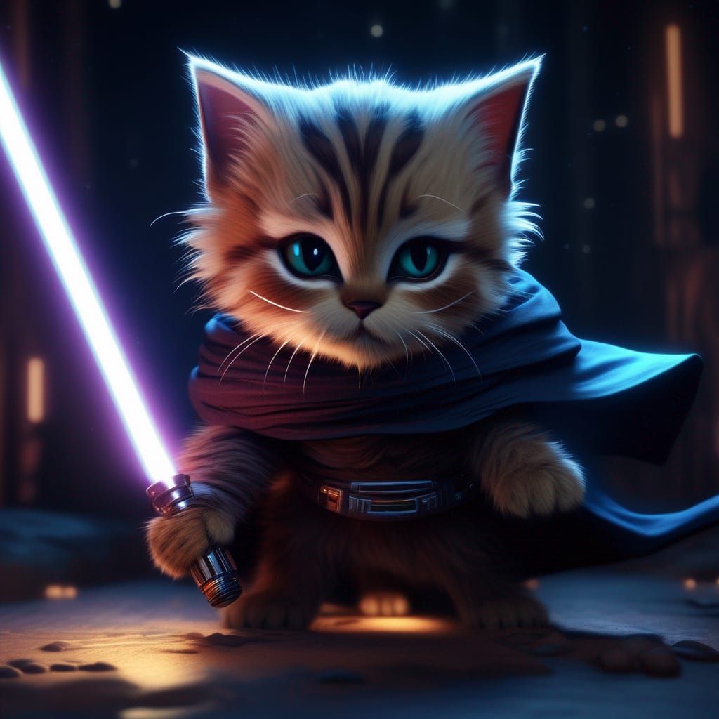 Jedi Kitten with Lightsaber: Detailed Matte Painting