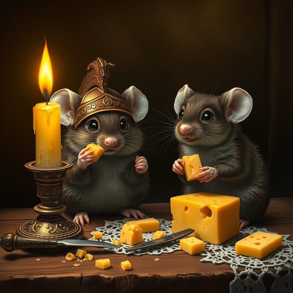 Adorable Mice in Golden Roman Helmet Feast