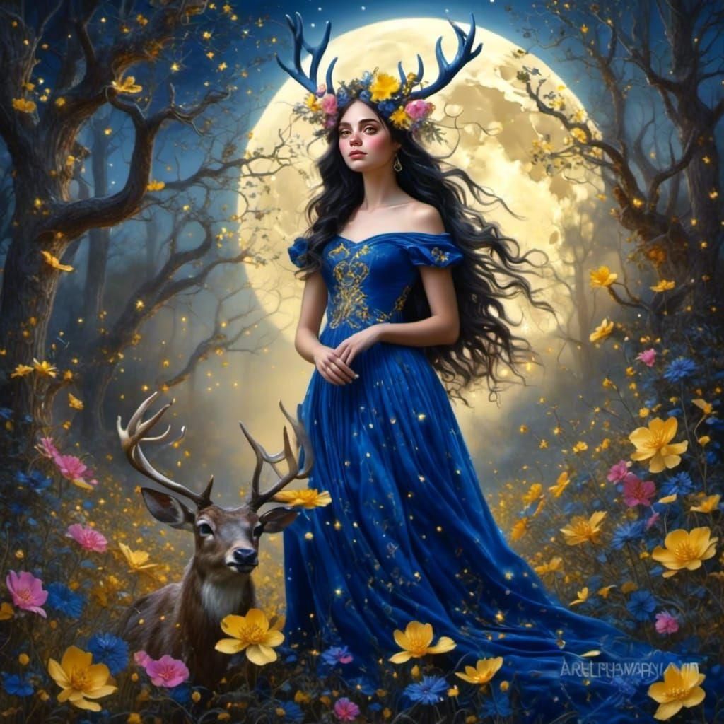 Woman with Antlers in a Moonlit Forest, Oil Painting