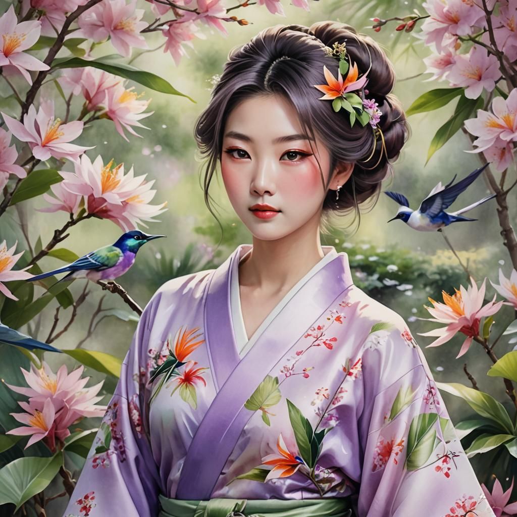 Japanese Garden Portrait with Birds of Paradise