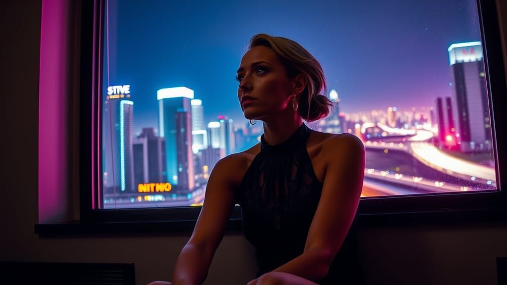 Woman Gazing at City Lights in Atmospheric Style