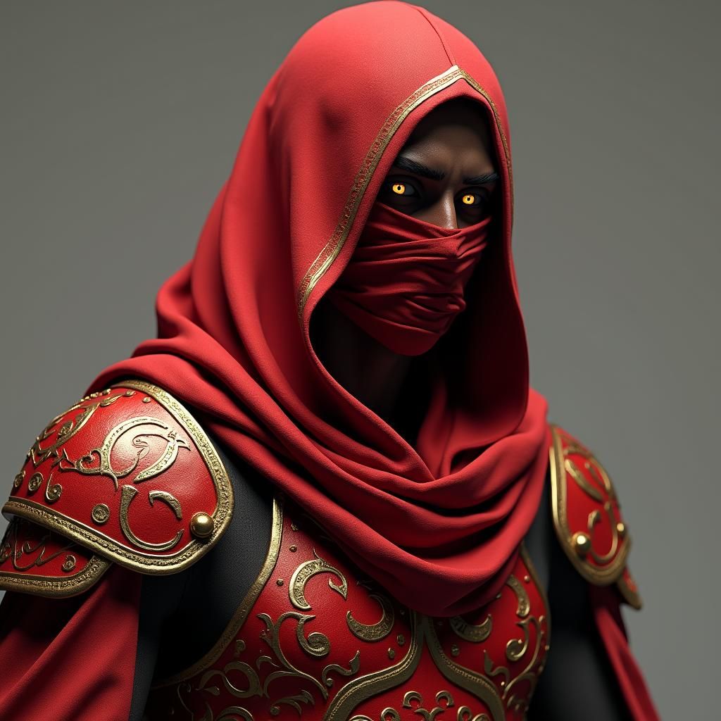 Crimson Armored Figure with Golden Eye, Anime Style