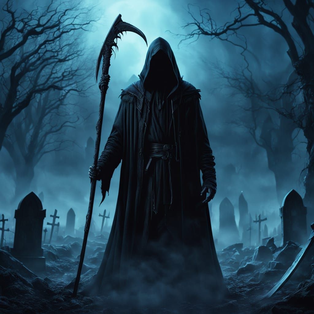 Death Reaper with Scythe in Misty Graveyard