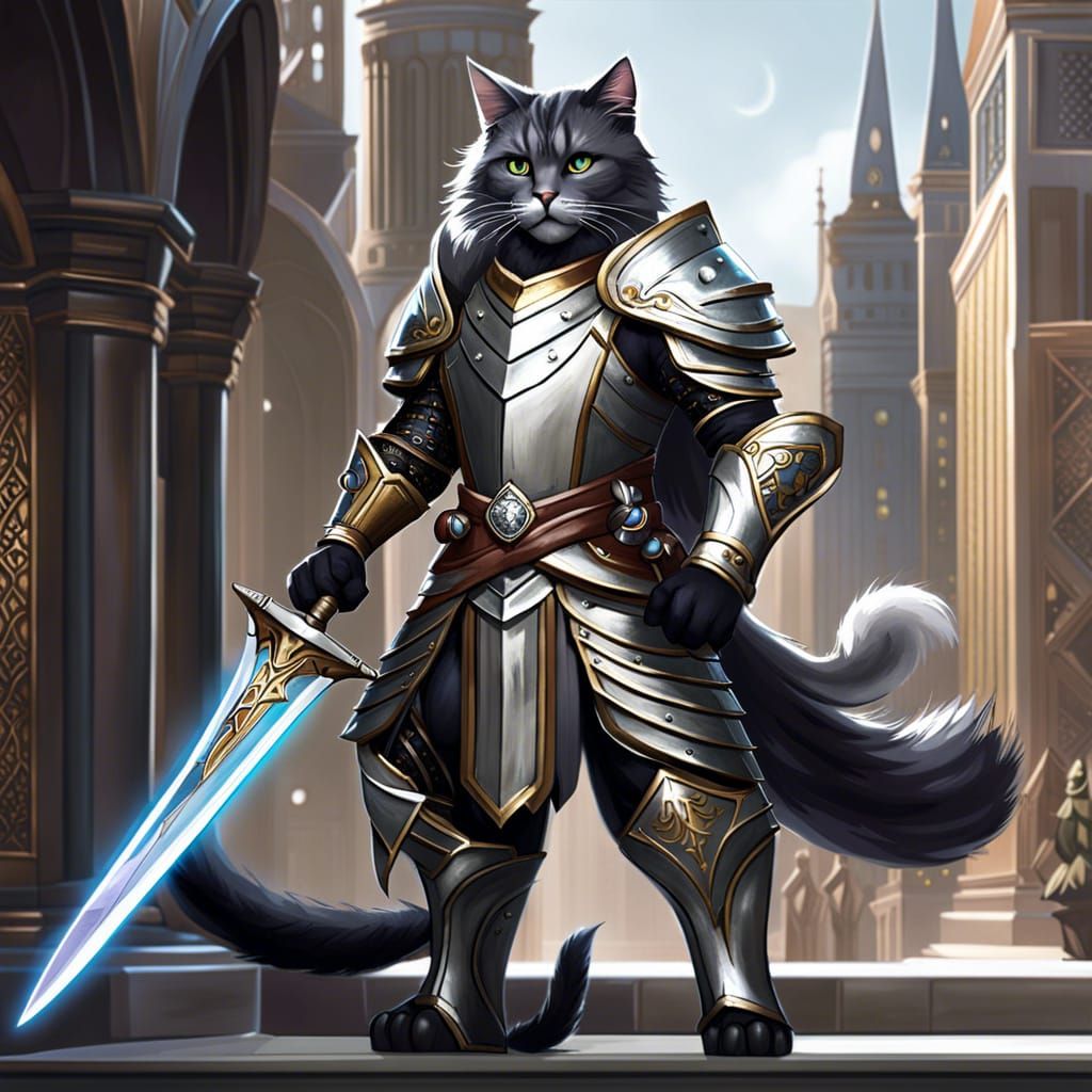 Cat Paladin Bard in Silver Armor