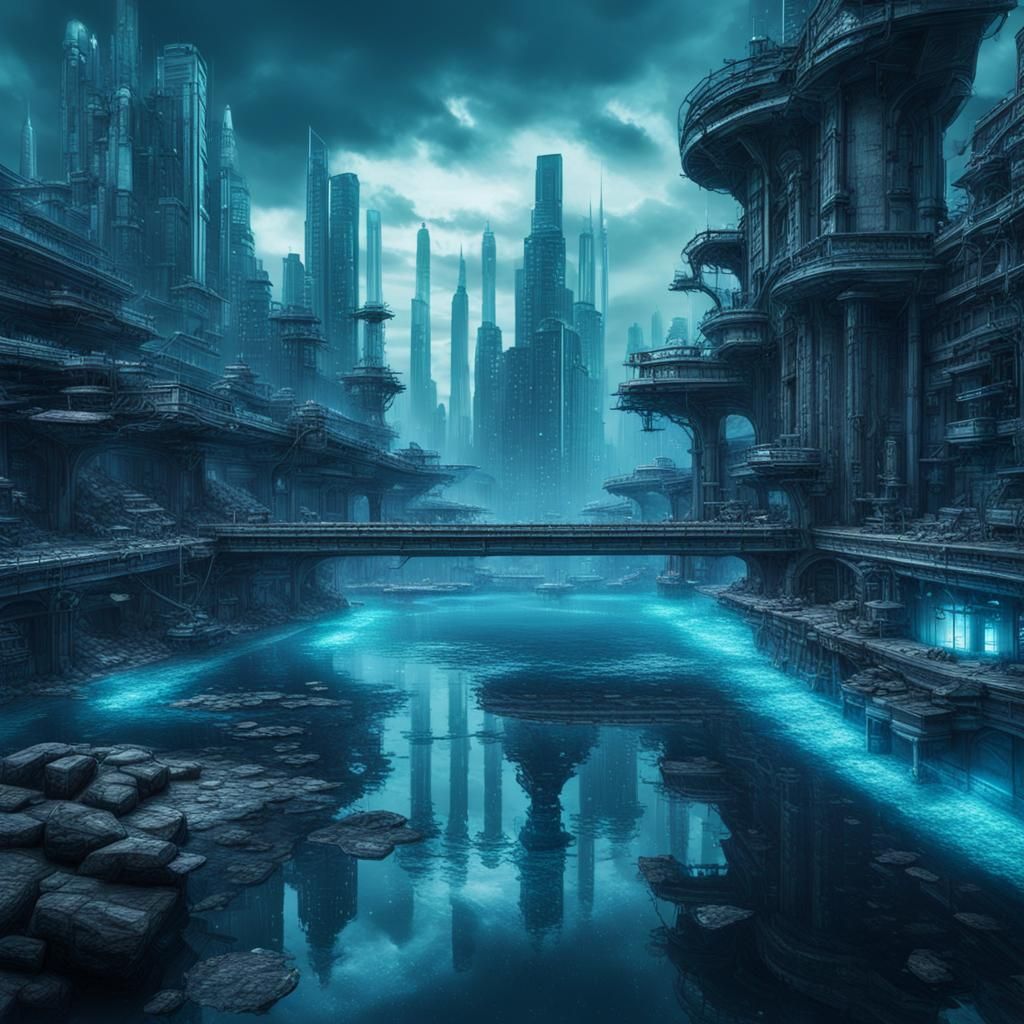 Water Blue Cyberpunk Landscape in HDR
