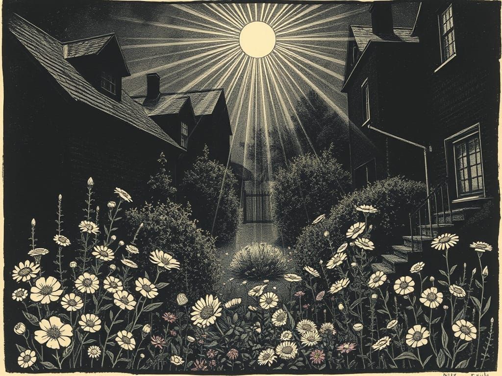 Sunlit Garden in Dark Backyard: Linocut Art