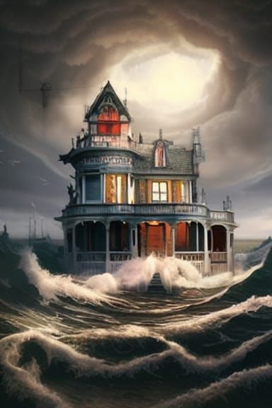Floating Victorian House in a Massive Wave