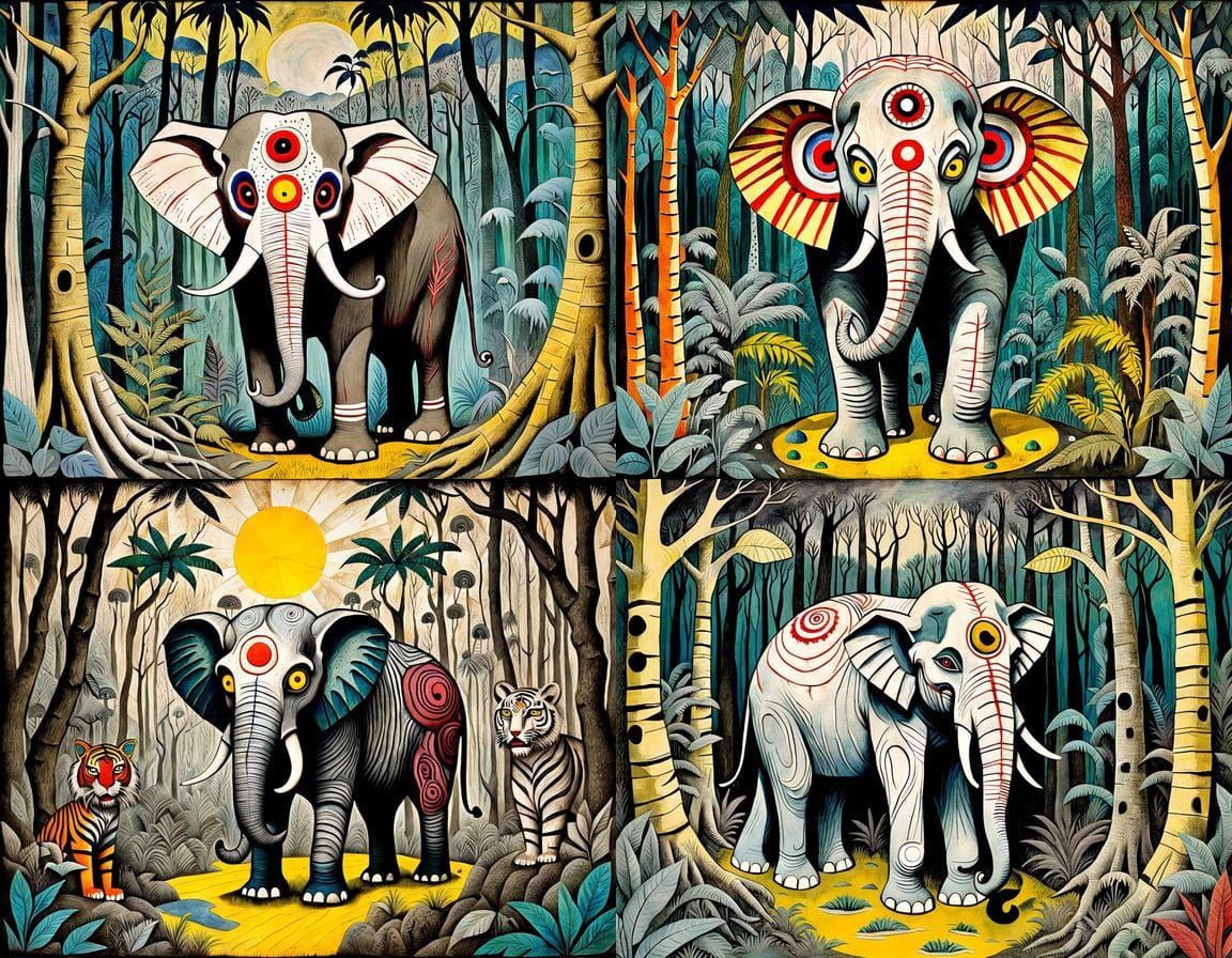 Surreal Jungle Scene with Elephant and Tiger