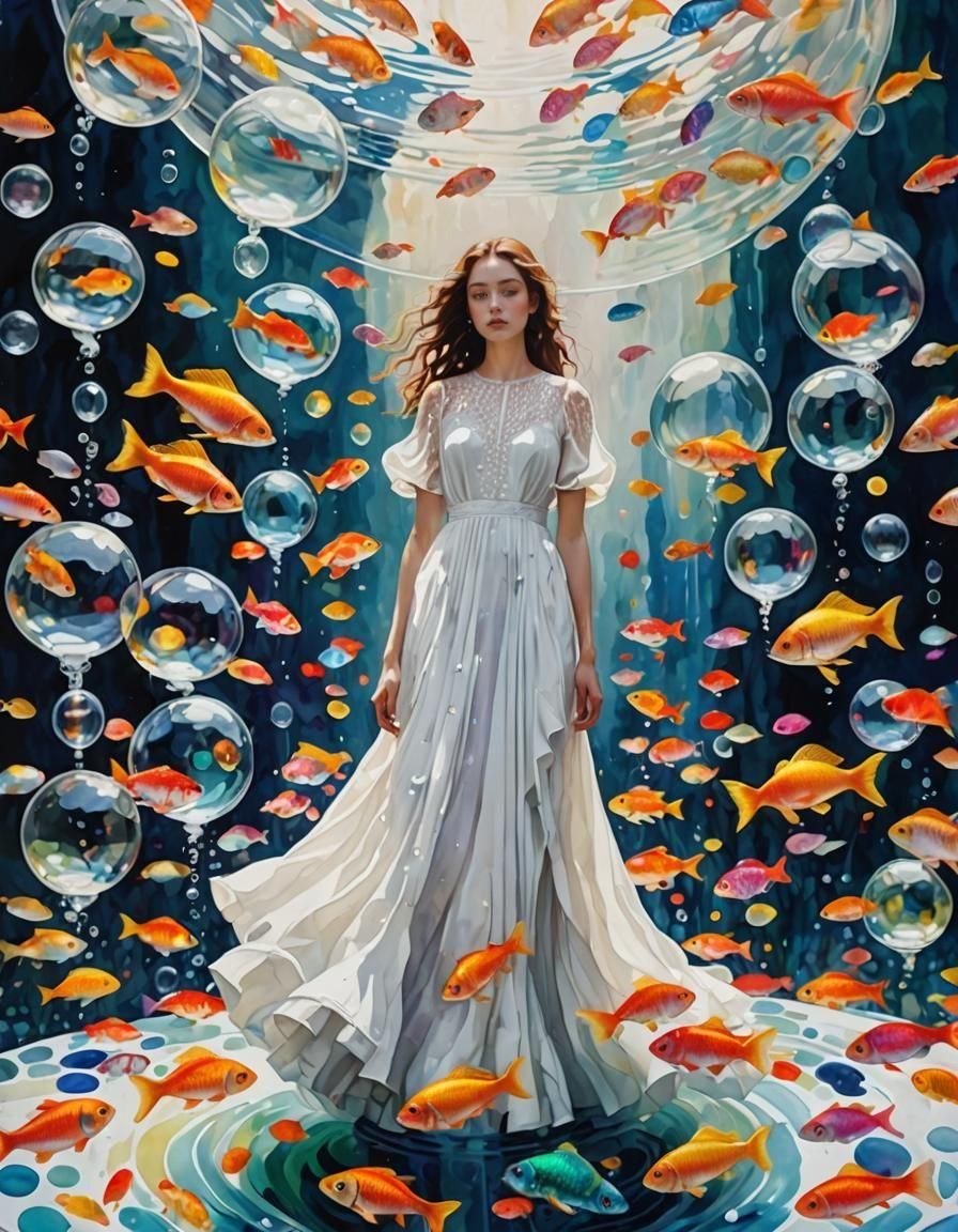 Woman on Water Bubble with Fish, Fantasy Impressionism