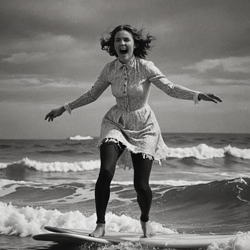 Ghostly Surfer in Vaporwave Cityscape