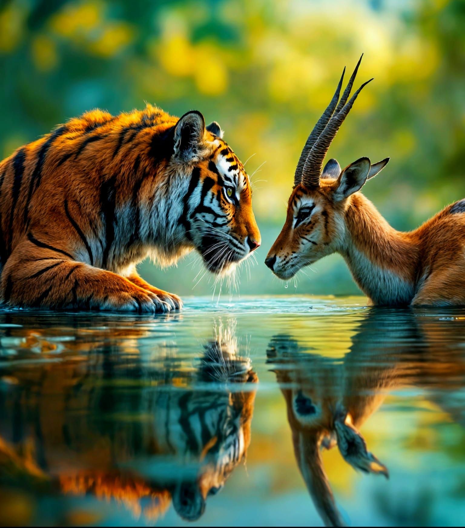 Tiger and Gazelle Share Water in Vivid Reflection