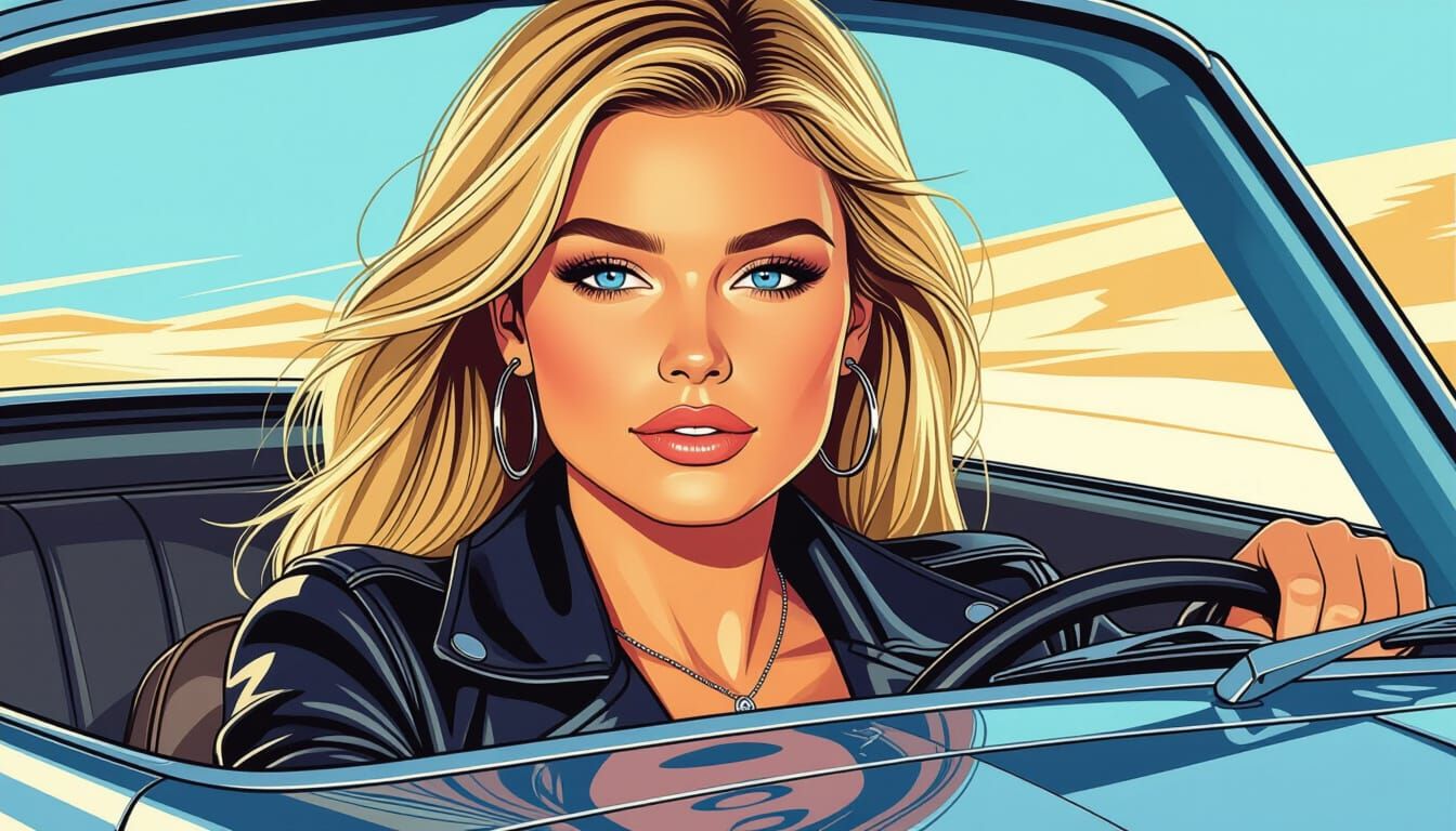Blonde Woman Drives Silver Porsche in Comic Art Style