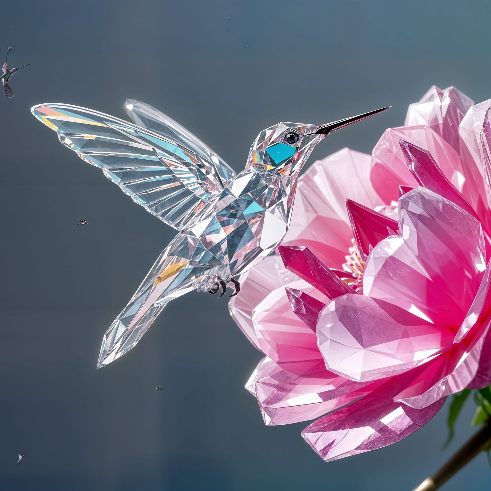 Crystal Hummingbird Sculpture with Rose-Pink Flower