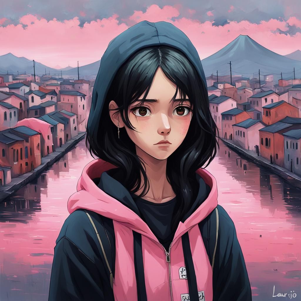 Gloomy Cyberpunk City Portrait in Anime Style