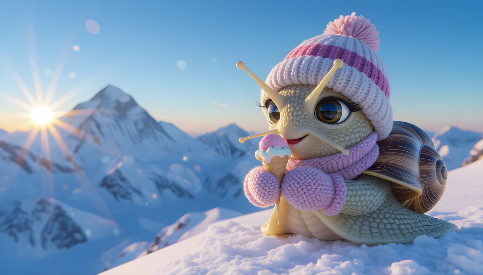 Anime Snail on Everest: Hyperrealistic Macro Shot