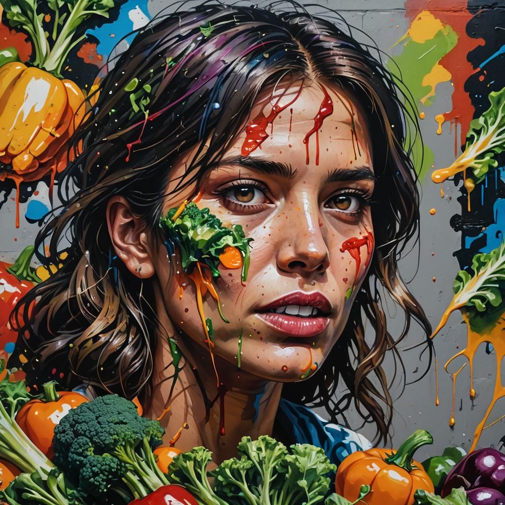 Woman Eating Vegetables in Hyperrealistic Graffiti Art