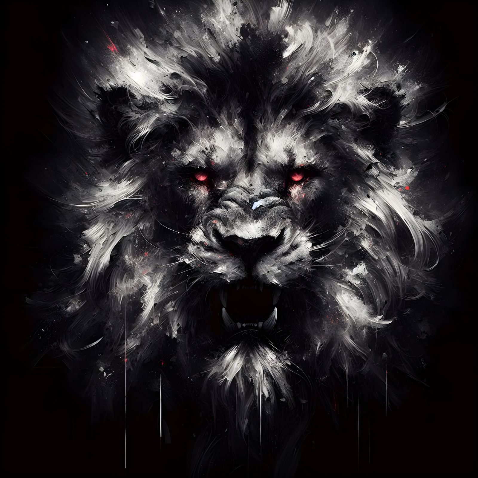 Haunting Abstract Lion Portrait with Red Highlights