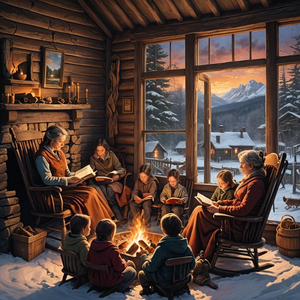 Cozy Cabin Scene: Mother Reading to Children