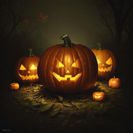 Glowing Jack-O'-Lanterns in Autumn Forest: Hyper-Photorealis...