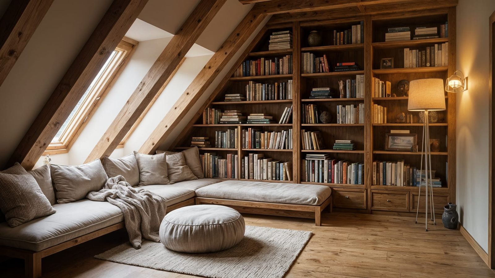 Cozy Scandinavian Attic Reading Room at Night