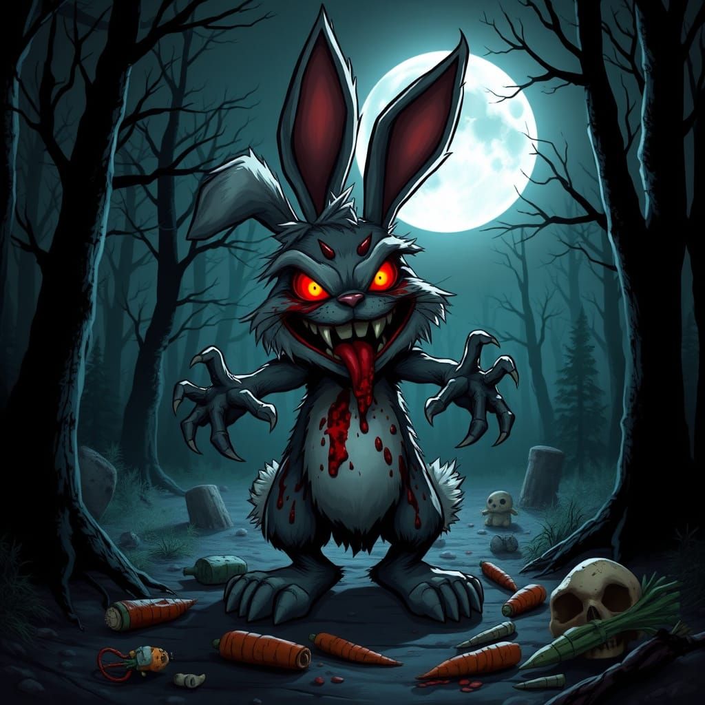 Sinister Blood-Splattered Bunny in Dark Forest