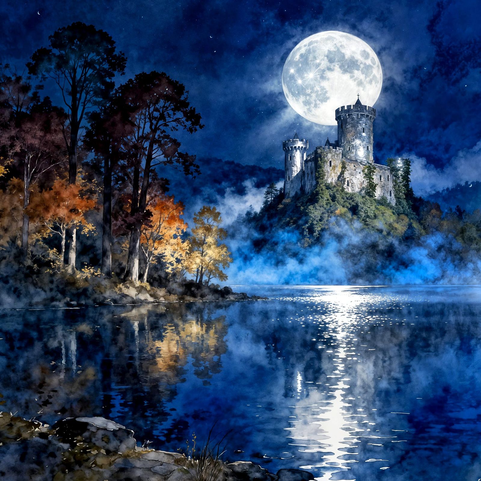 Mystical Autumn Lake with Moonlit Castle in Watercolor