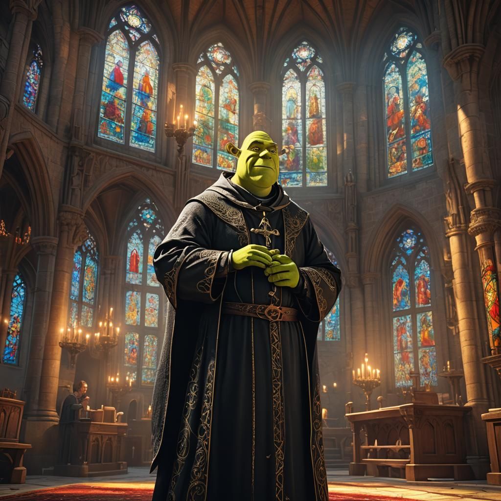 Shrek as Priest in Ornate Church