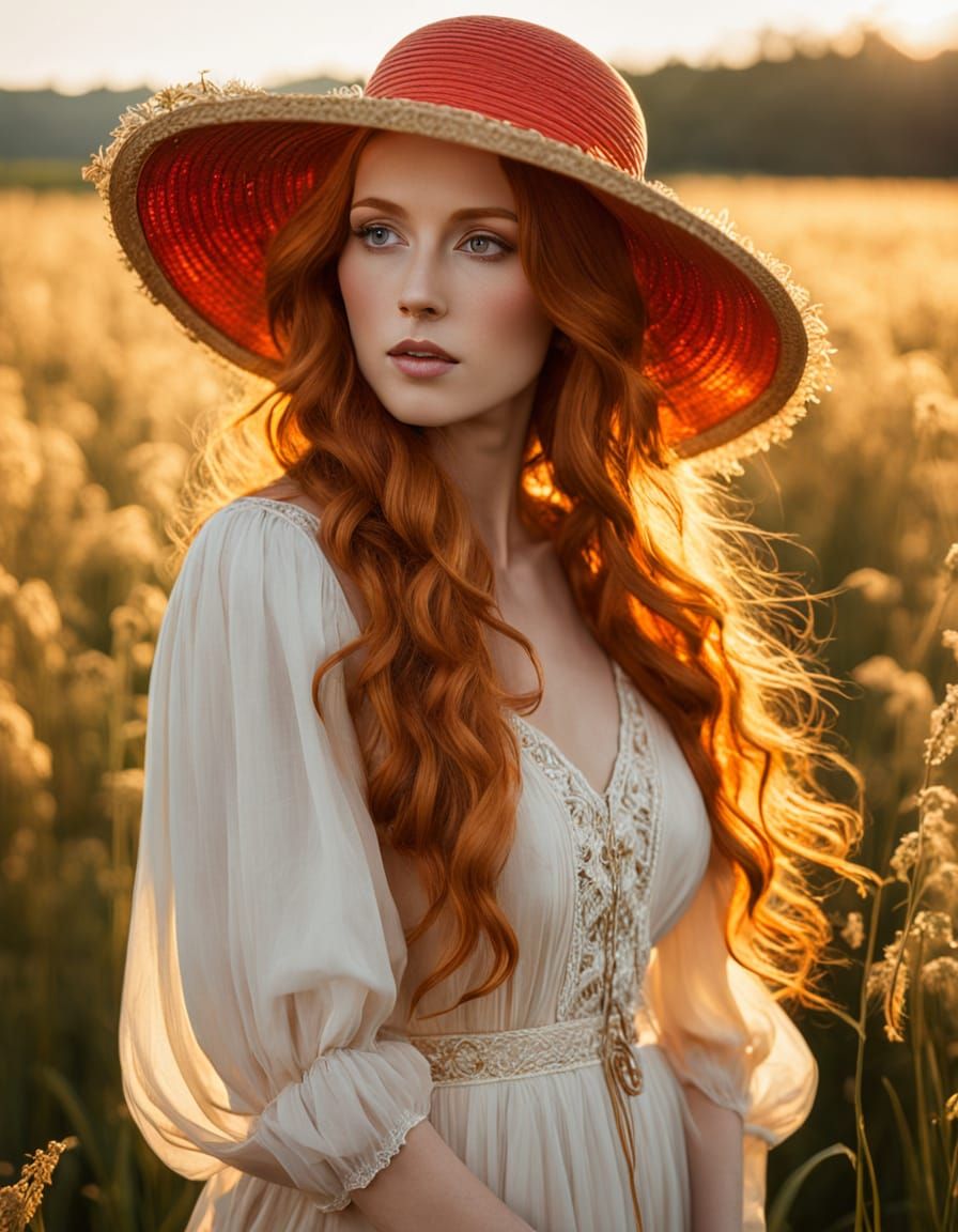 Pre-Raphaelite Style Woman in Golden Field