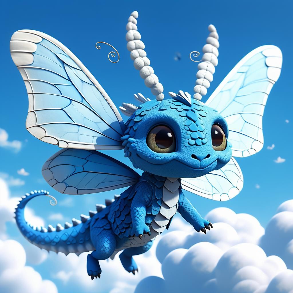 Blue Dragon Moth in Dreamy Sky, Digital Painting