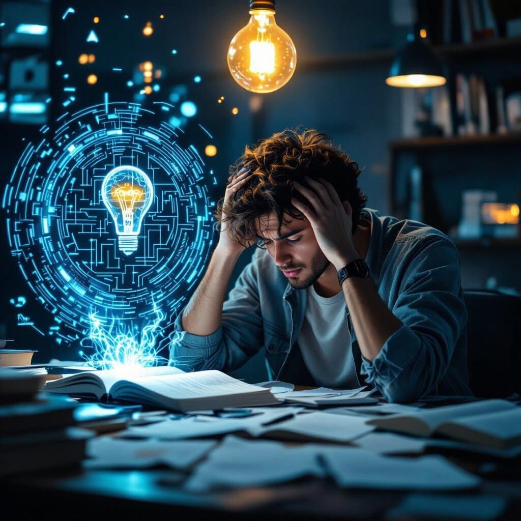 Stressed Student with AI Hologram in Futuristic Style