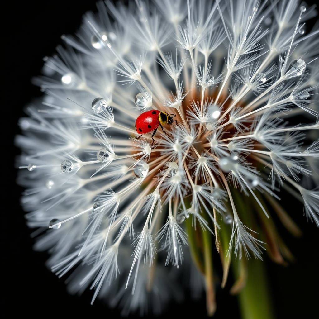 Macro Photography of a Dandelion with Dew Drops and a Tiny R...