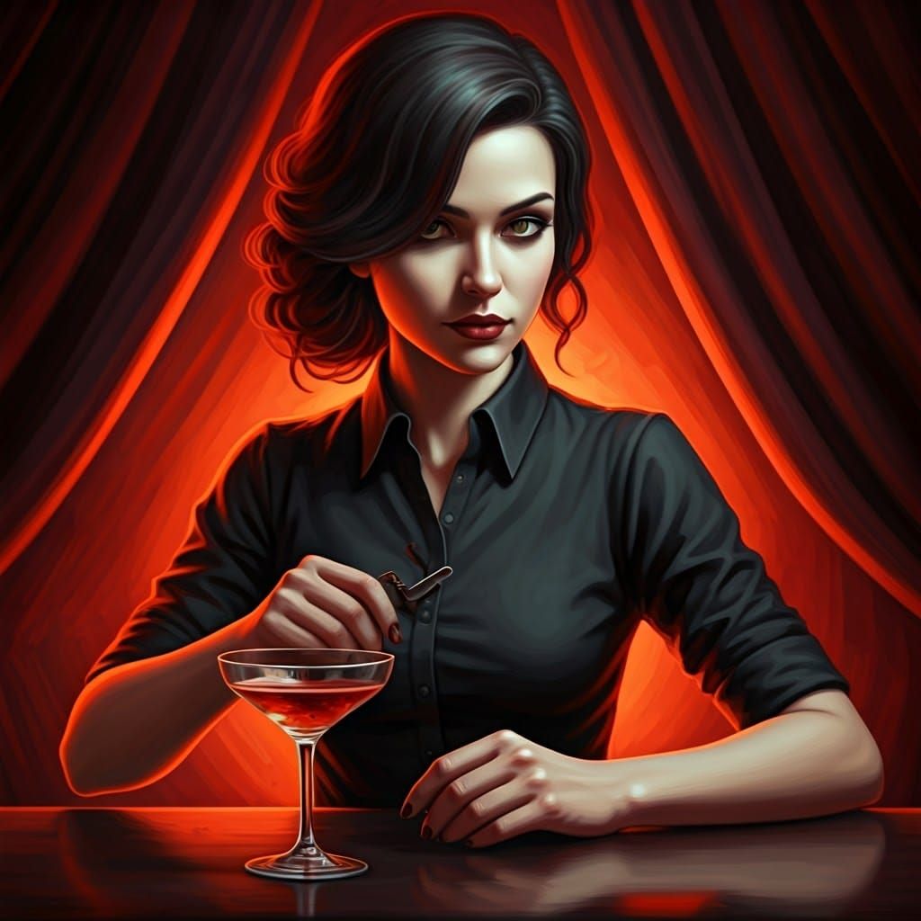 Mysterious Bartender in Dark Velvet Red