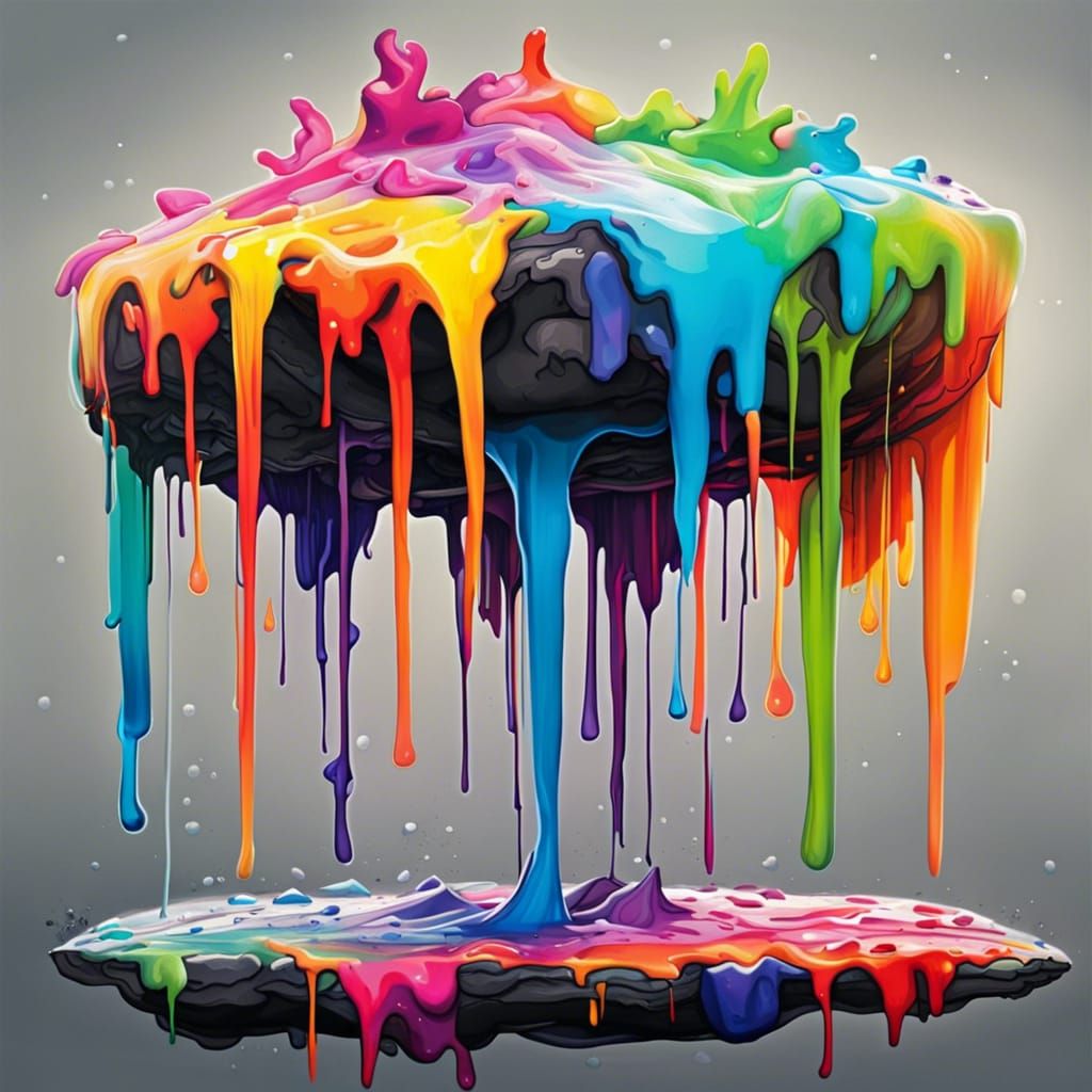 Floating Island with Dripping Rainbow Paint in Graffiti Styl...