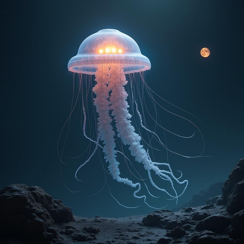 Jellyfish Starship Orbiting Moonbase Near Neptune