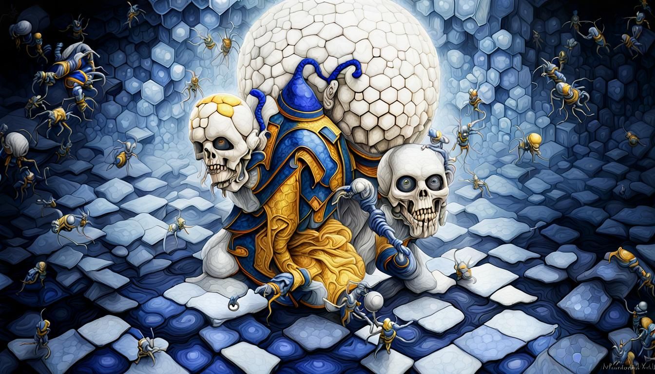 blue jesters building ants out of platinium gold and diamonds, honeycomb structure, Mescaline and DMT art, jerome BOSCH,...
