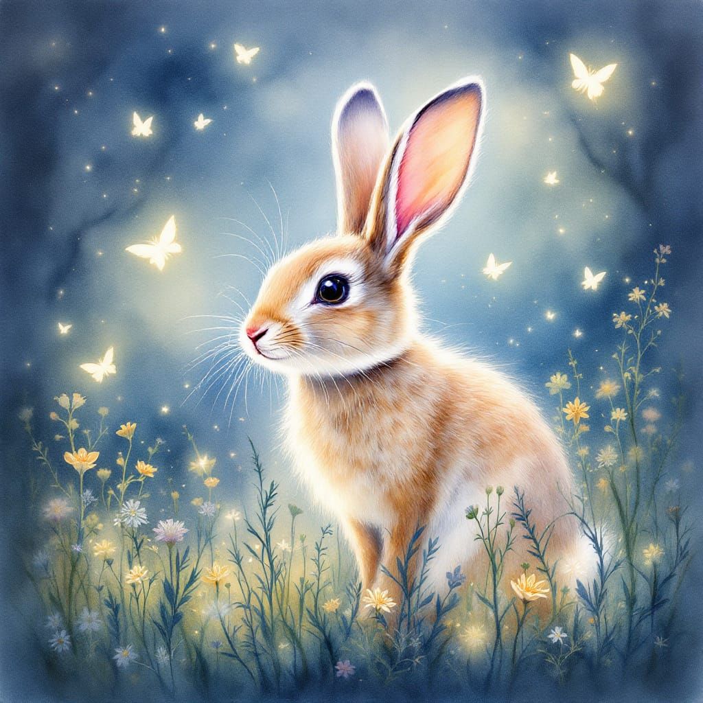 Spiritual Rabbit in Dreamlike Watercolor Landscape