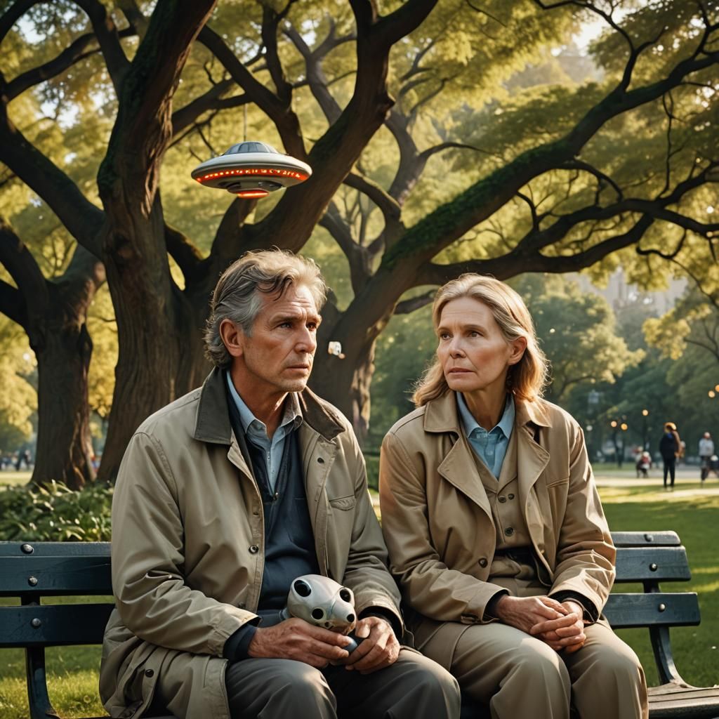 Couple in Park with UFO: Golden Hour Portrait
