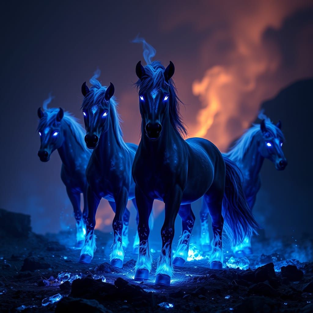 Blue Lava Kelpies Glowing with Iridescent Flames