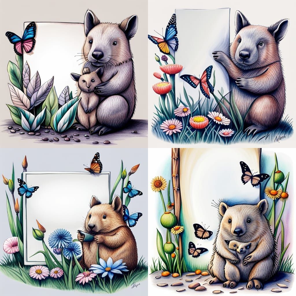 Hippie Wombat Mother and Baby with Blank Sign