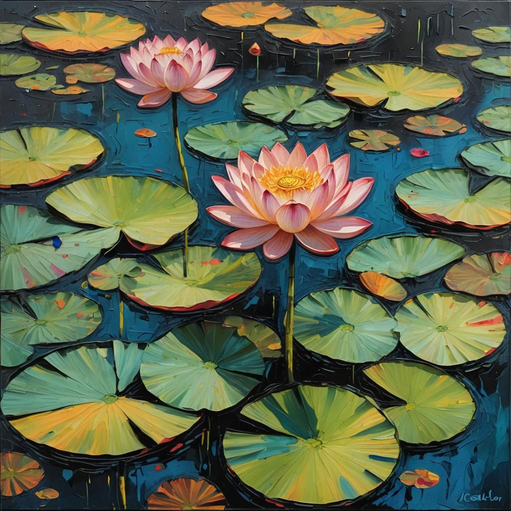 Colorful Lotus Flower Impasto Painting