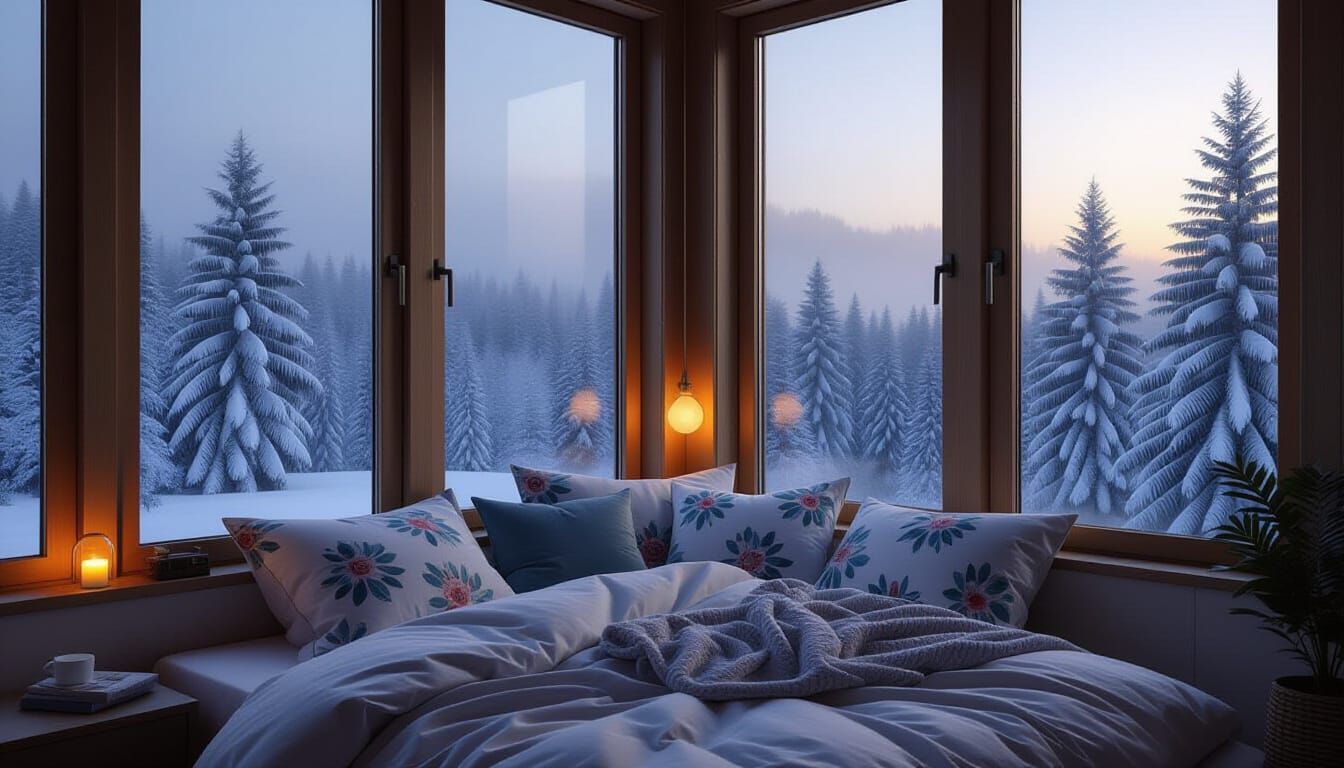 Cozy Bedroom Overlooking Snowy Pine Forest