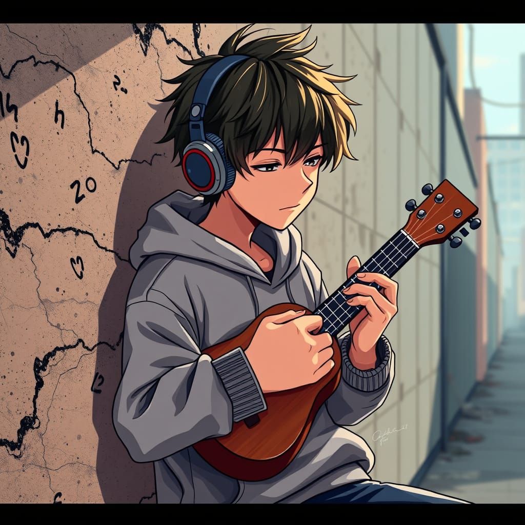 Teenage Boy Plays Ukulele Against Urban Wall in Vibrant Cel-...