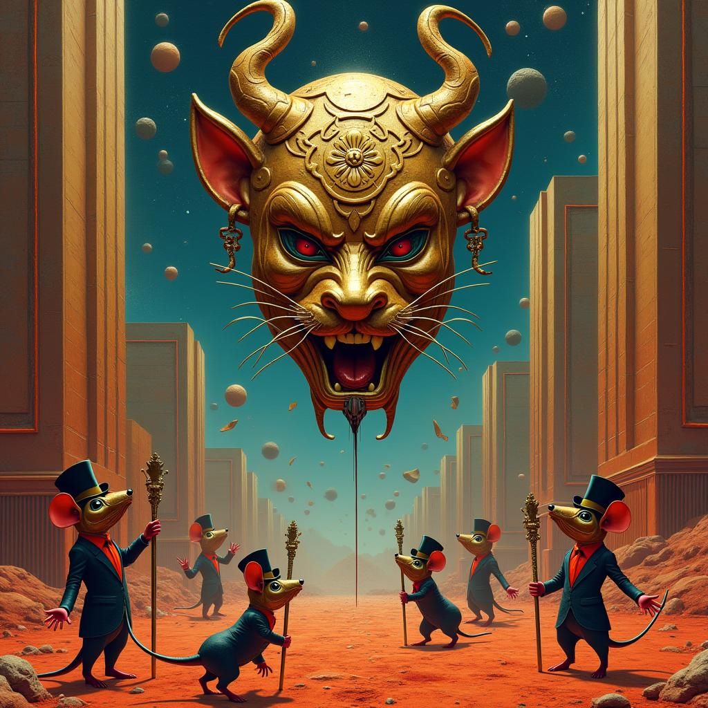 Sanxingdui Mask in Futuristic Martian Cityscape
